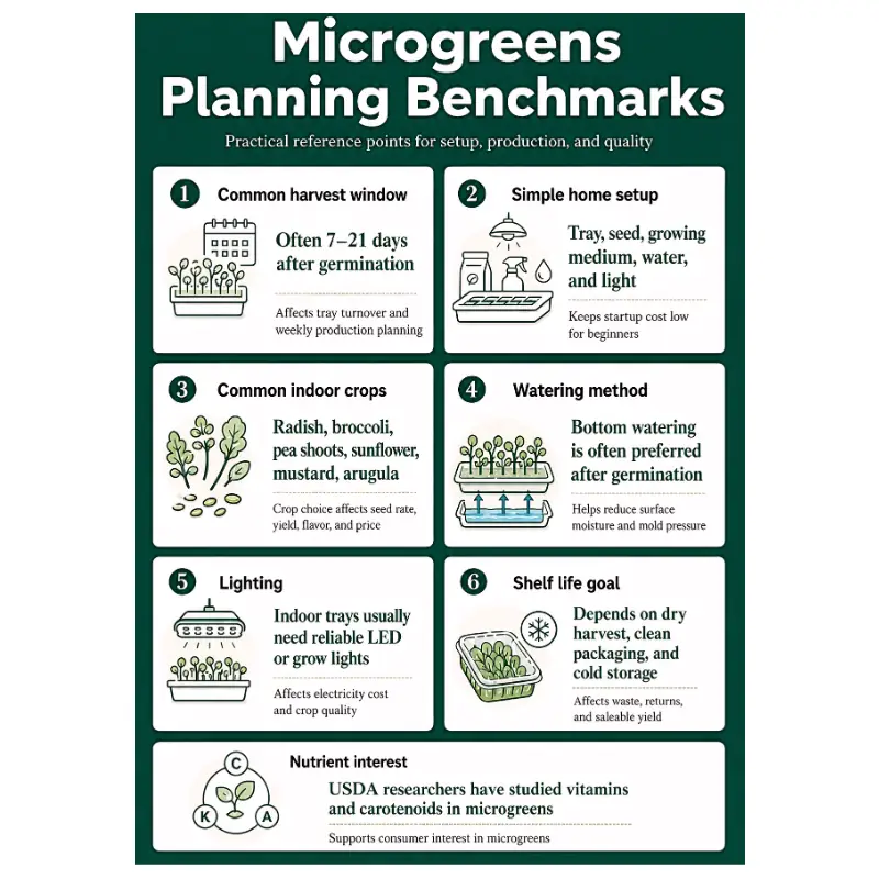 microgreens-planning-benchmarks-cost-calculator Microgreens planning benchmarks showing harvest window, setup, crops, watering, lighting, shelf life, and nutrient interest.