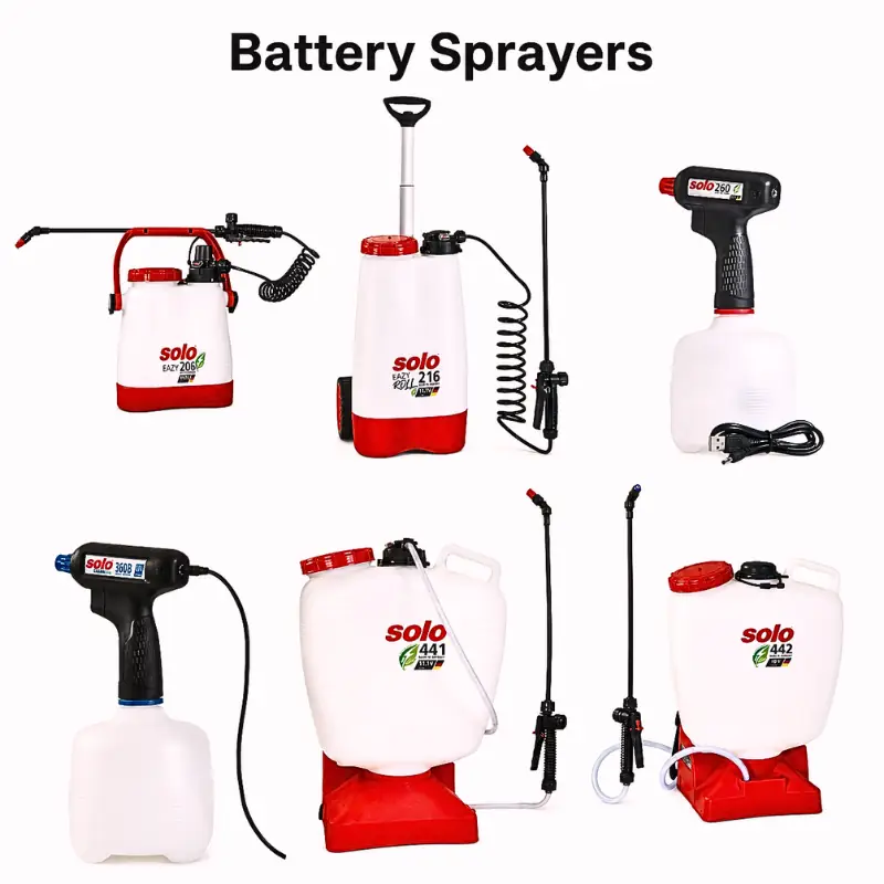 solo-battery-sprayers-product-range SOLO battery sprayers product range showing handheld, trolley, backpack, and professional battery sprayer options for garden and plant protection work